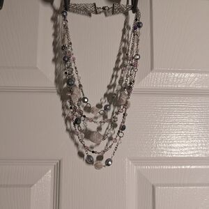 Multi-Strand Silver Chain Necklace with Pink and Gray Beads